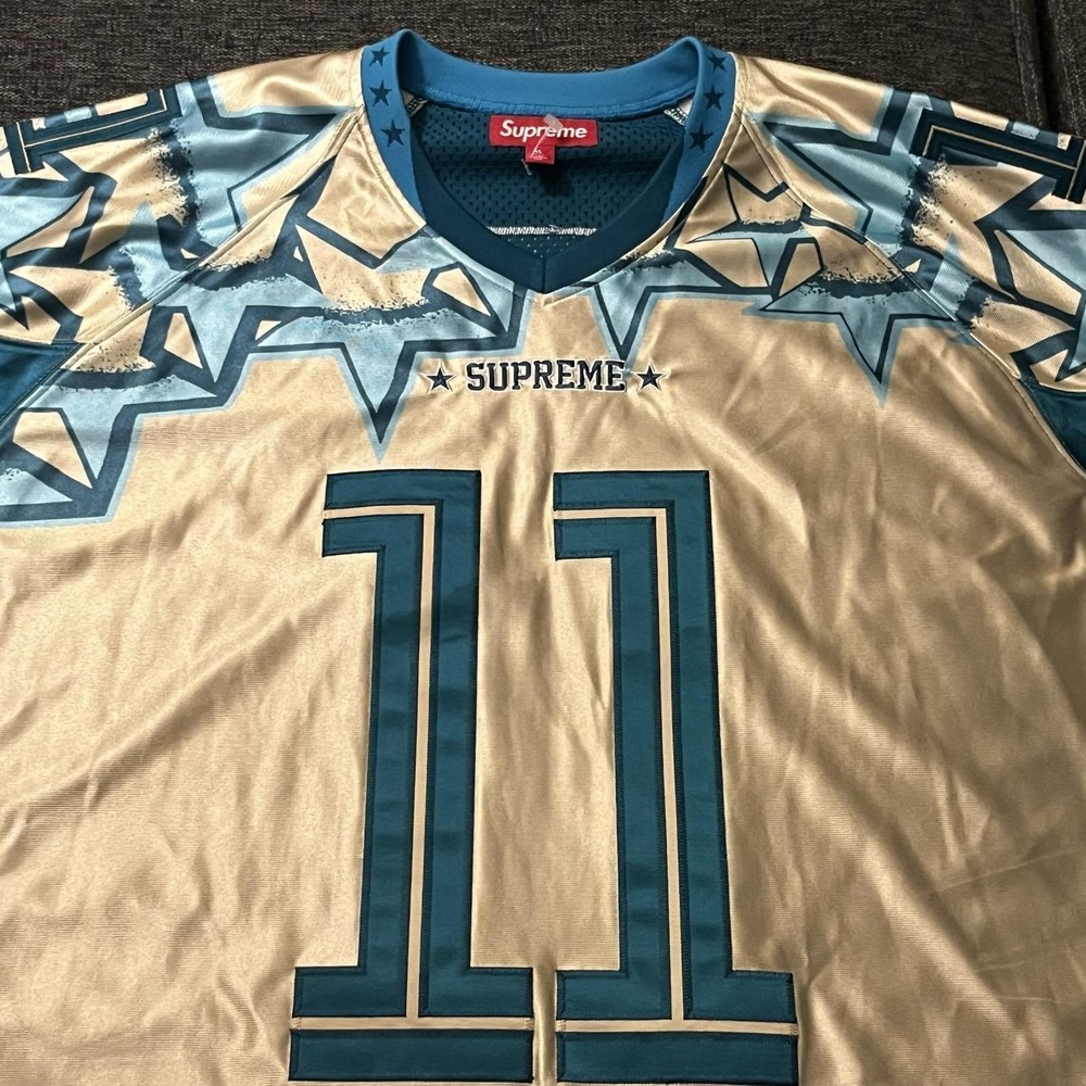 Supreme Shirt Mens XL Blue Gold 11 Stars Mesh Football Jersey Top Graphic - Picture 2 of 10